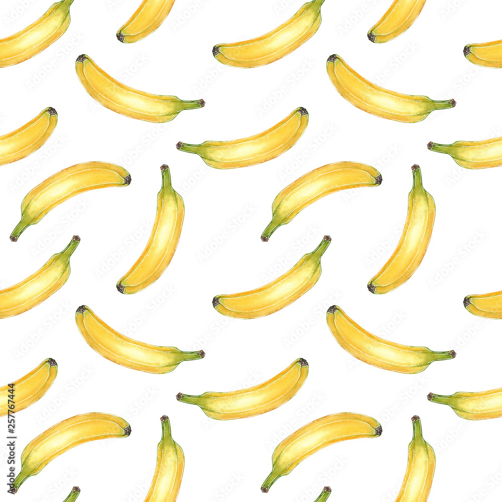 Banana seamless pattern, hand drawn botanical illustration isolated on white.