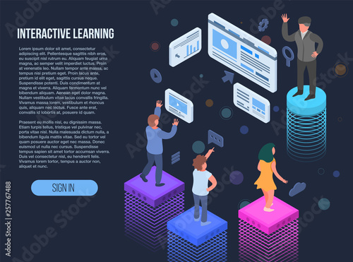 Interactive learning banner. Isometric illustration of interactive learning vector banner for web design
