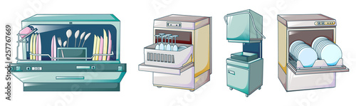 Dishwasher icons set. Cartoon set of dishwasher vector icons for web design