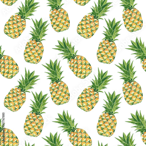 Pineapple seamless pattern, hand drawn botanical illustration isolated on white.