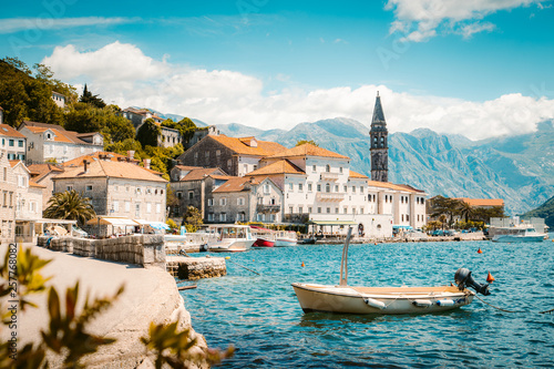 Historic town of Perast at Bay of Kotor in summer, Montenegro