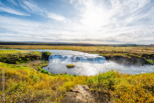 Faxafoss Faxi waterfall landscape in south Icelandwater falling flowing on Golden Circle in autumn season wide angle