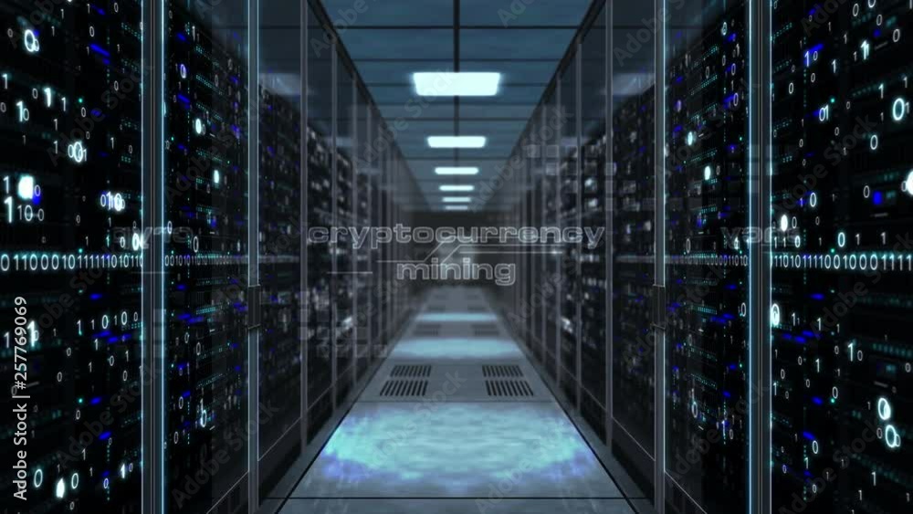 Cryptocurrency mining concept with bitcoin symbol on glass door in server room. Flight through the corridor with large computer racks. Endless and loopable 3D abstract animation. Cryptocurrency mining concept with bitcoin symbol on glass door in server room. Flight through the corridor with large computer racks. Endless and loopable 3D abstract animation.