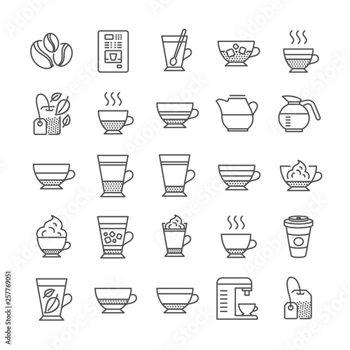 Coffee types and Tea icons. Set of Latte, Cappuccino and Frappe icons. Espresso, Doppio and Cafe Crema. Americano, Whipped cream latte and Coffee with ice. Mocha cafe, Herbal, Mint tea cups. Vector