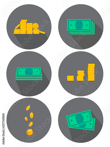 Flat icons set. Variants of money, coins. Ideas for advertising and banners. Vector illustration.