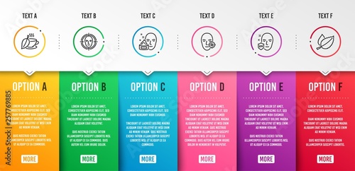 Problem skin, Uv protection and Face cream icons simple set. Face detect, Mint tea and Mint leaves signs. Facial care, Ultraviolet. Medical set. Infographic template. 6 steps timeline. Vector