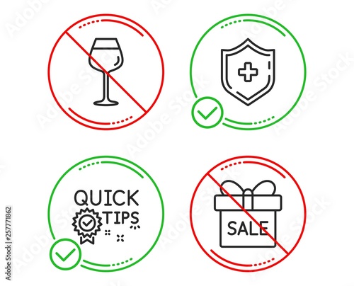 Wallpaper Mural Do or Stop. Medical shield, Bordeaux glass and Quick tips icons simple set. Sale offer sign. Medicine protection, Wine glass, Helpful tricks. Gift box. Line medical shield do icon. Prohibited ban stop Torontodigital.ca