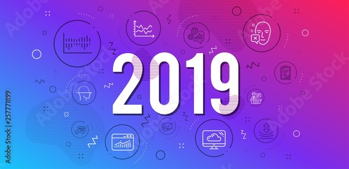 Infographic concept. Checklist, Quick tips and Resilience icons simple set. Diagram chart, Exhibitors and Column diagram signs. Face declined, Website statistics and Cloud storage symbols. 2019 year