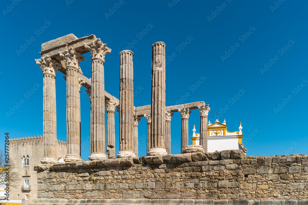 Architectural detail of the Roman temple of Evora in Portugal or Temple of Diana.