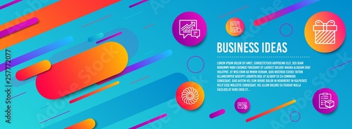 Header banner. Surprise, Fan engine and Internet report icons simple set. Accounting, Help and Parcel checklist signs. Present with bow, Ventilator. Business set. Line surprise icon. Gradient elements