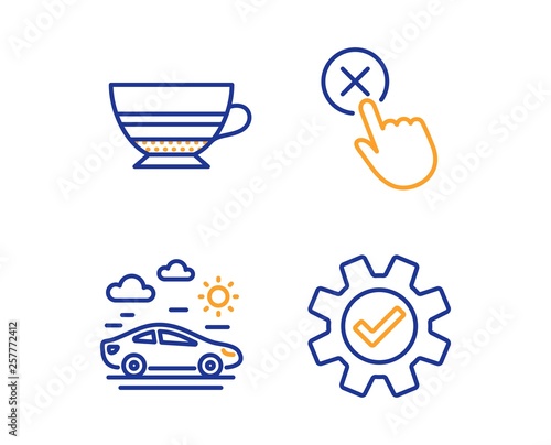 Mocha, Car travel and Reject click icons simple set. Service sign. Coffee cup, Transport, Delete button. Cogwheel gear. Linear mocha icon. Colorful design set. Vector