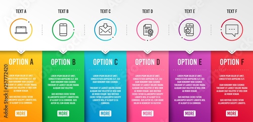 Laptop, Incoming mail and Mobile like icons simple set. Reject certificate, Smartphone and Blog signs. Mobile computer, Download message. Technology set. Infographic template. 6 steps timeline