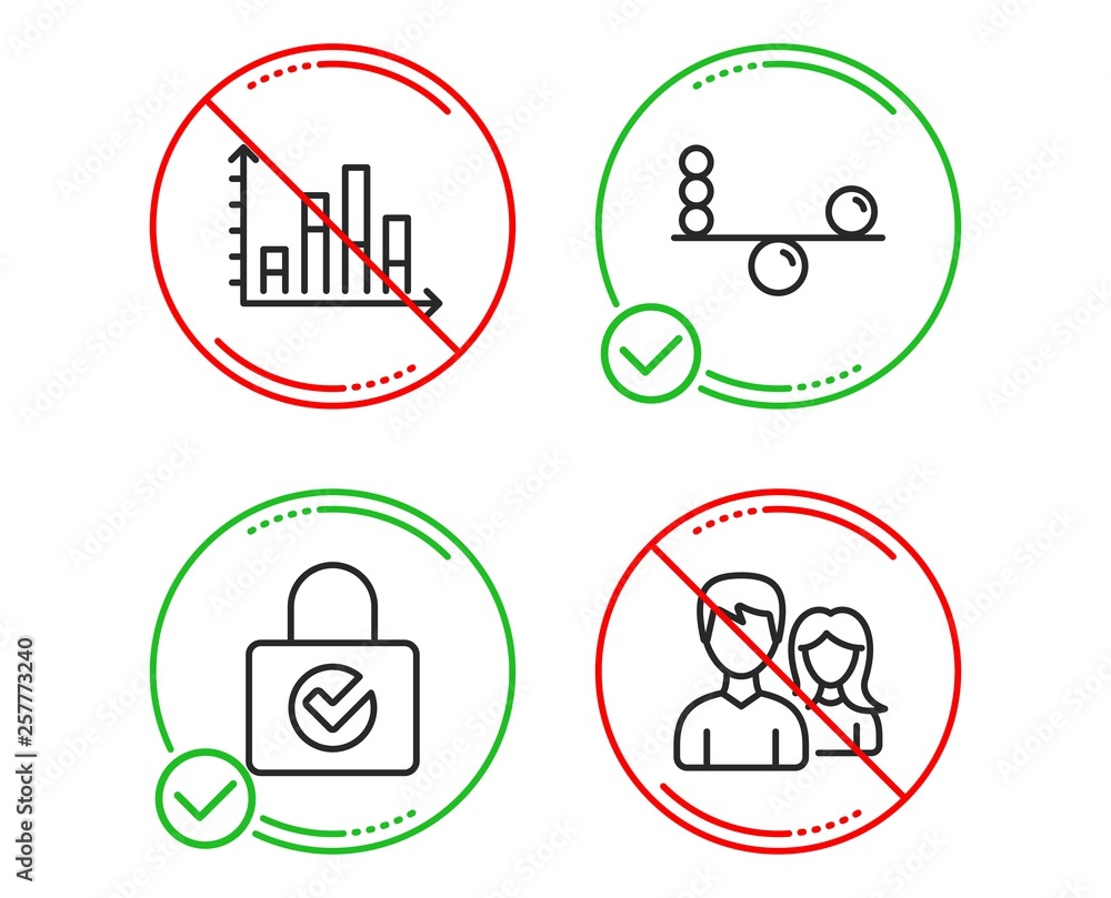 Do or Stop. Diagram graph, Balance and Password encryption icons simple set. Couple sign. Presentation chart, Concentration, Protection locker. Male and female. Line diagram graph do icon. Vector Do or Stop. Diagram graph, Balance and Password encryption icons simple set. Couple sign. Presentation chart, Concentration, Protection locker. Male and female. Line diagram graph do icon. Vector