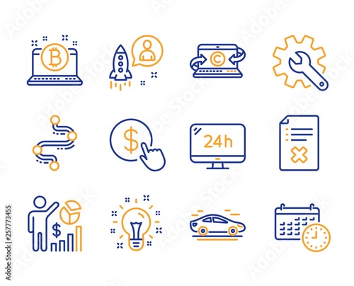 Car, Seo statistics and Copywriting notebook icons simple set. Startup, Idea and Bitcoin signs. Timeline, Buy currency and Customisation symbols. Reject file, 24h service and Calendar. Line car icon