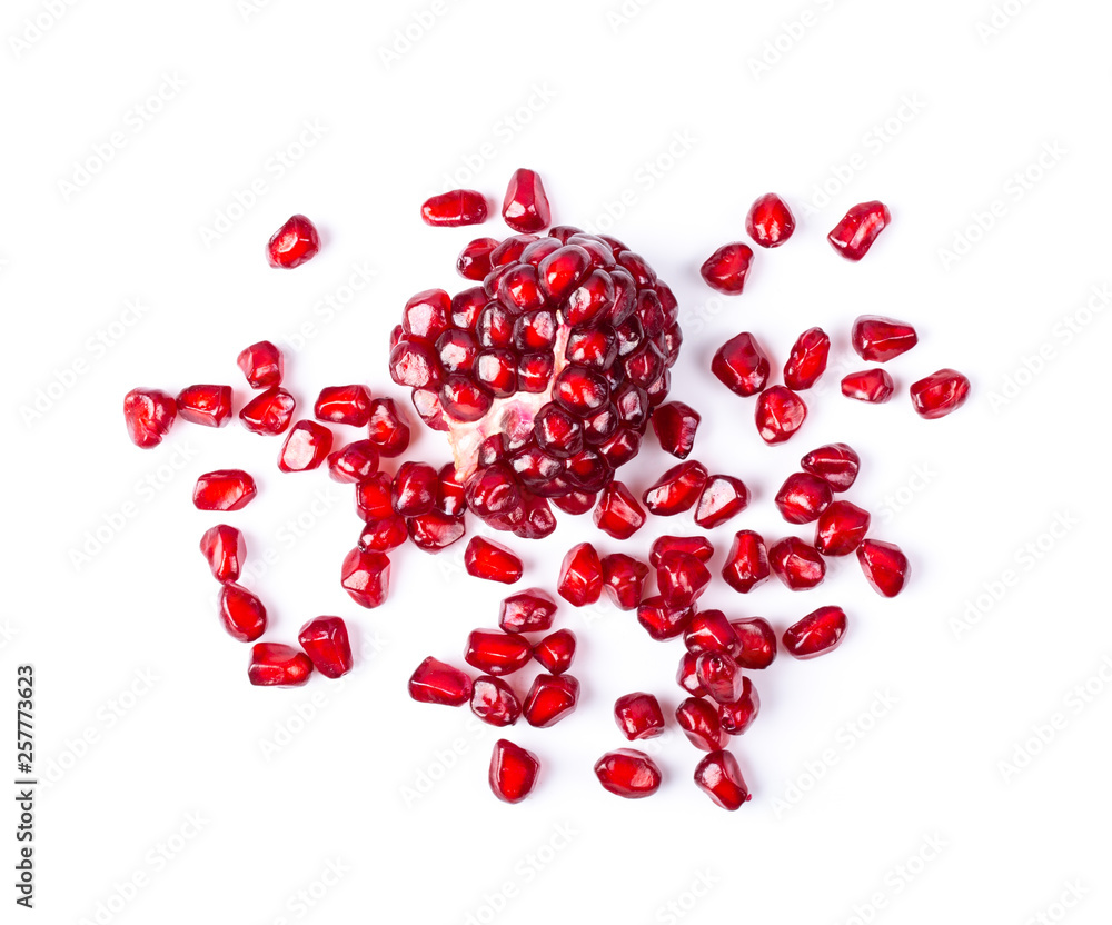 Pomegranate seeds isolated on white background. top view Pomegranate seeds isolated on white background. top view