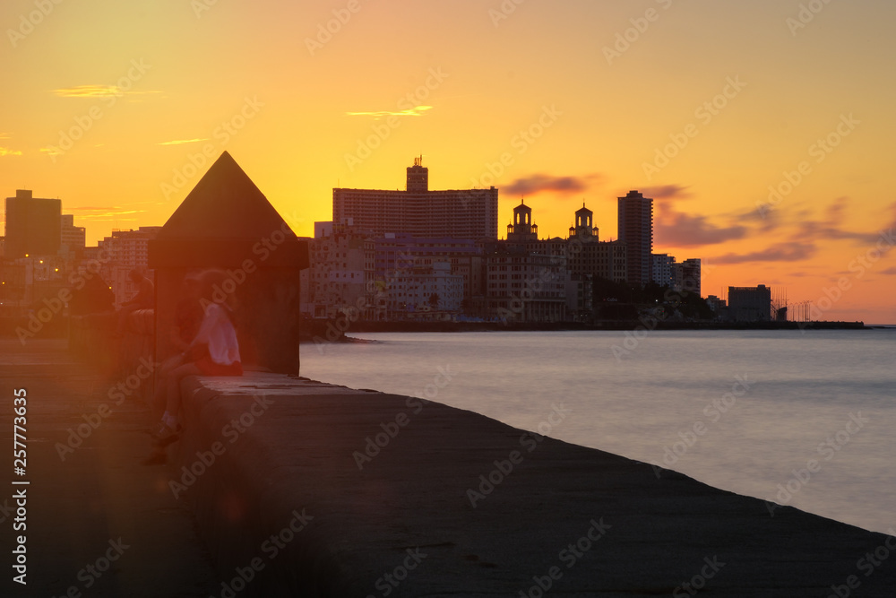 Long exposure at sunset with a view of the Havana skyline and the ocean