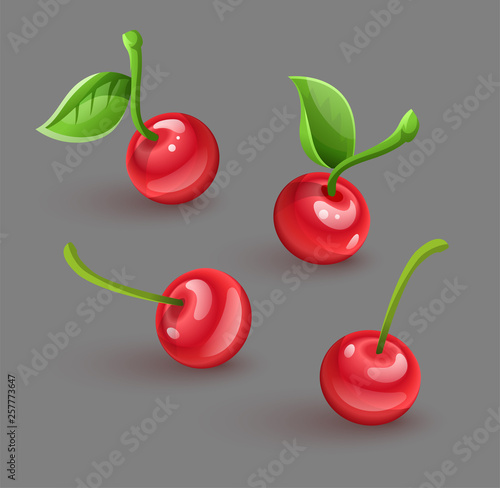 Red cherry berries with green leaves. Eps10 vector illustration.