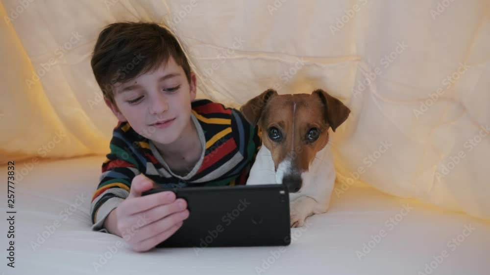 Happy boy plays emotionally into game on smartphone in pajamas with dog Jack Russell Terrier is lying in bed under yellow blanket. Pet. Internet. Gamer. Quarantine. Distance learning. Online education Happy boy plays emotionally into game on smartphone in pajamas with dog Jack Russell Terrier is lying in bed under yellow blanket. Pet. Internet. Gamer. Quarantine. Distance learning. Online education