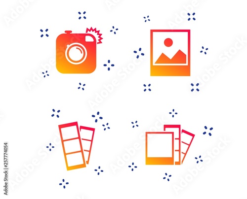 Hipster photo camera icon. Flash light symbol. Photo booth strips sign. Landscape photo frame. Random dynamic shapes. Gradient camera icon. Vector
