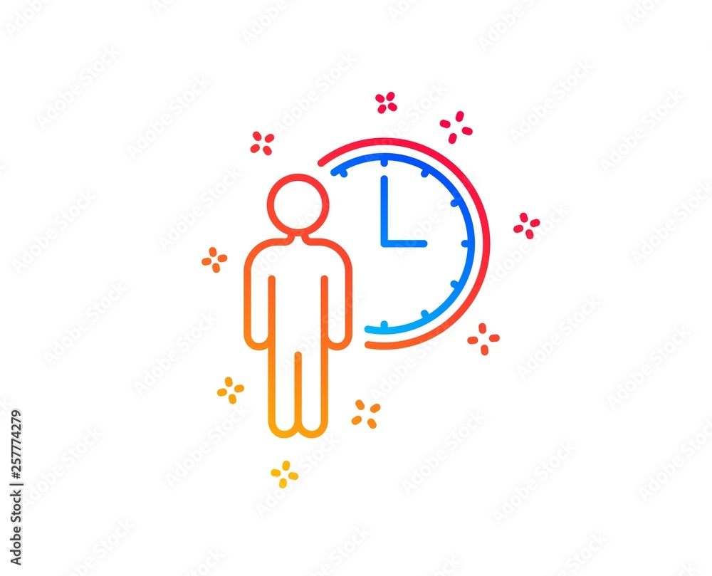 Person waiting line icon. Service time sign. Clock symbol. Gradient design elements. Linear waiting icon. Random shapes. Vector Person waiting line icon. Service time sign. Clock symbol. Gradient design elements. Linear waiting icon. Random shapes. Vector