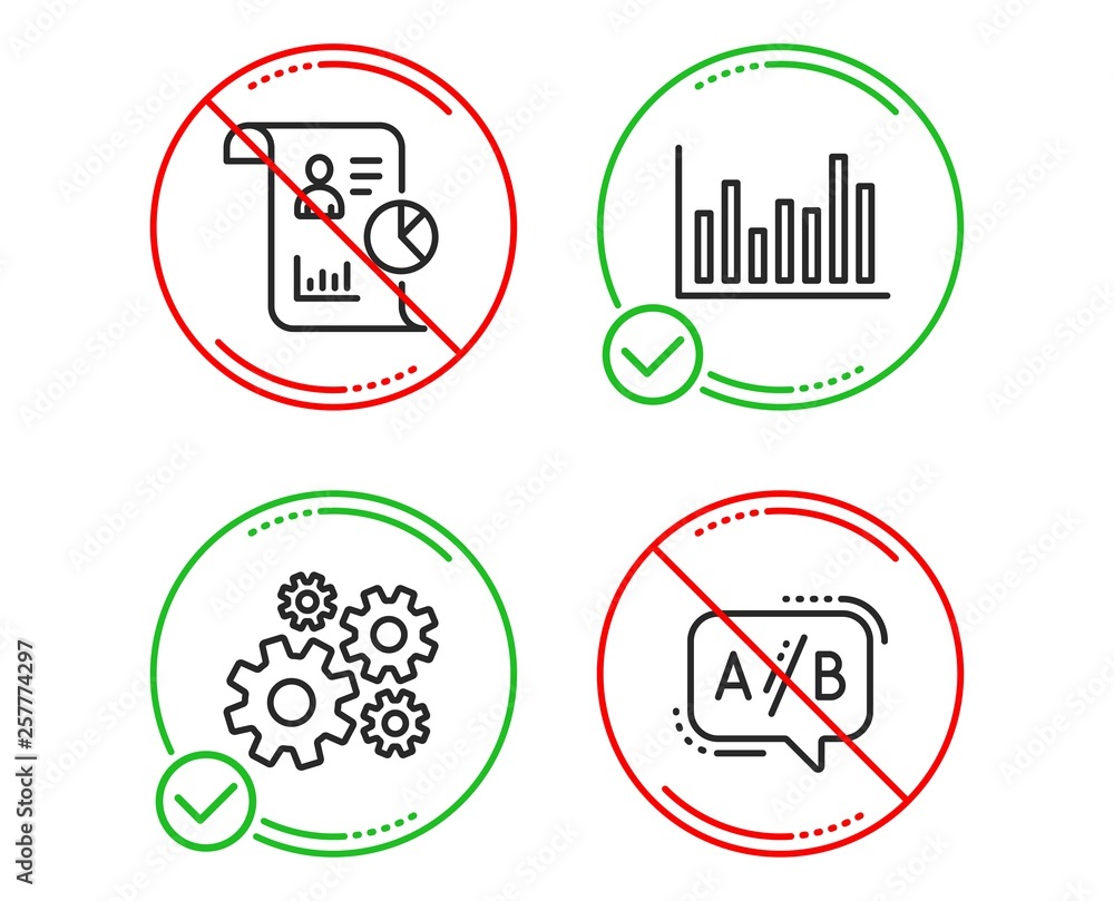 Do or Stop. Bar diagram, Report and Cogwheel icons simple set. Ab testing sign. Statistics infochart, Work statistics, Engineering tool. Test chat. Science set. Line bar diagram do icon. Vector Do or Stop. Bar diagram, Report and Cogwheel icons simple set. Ab testing sign. Statistics infochart, Work statistics, Engineering tool. Test chat. Science set. Line bar diagram do icon. Vector