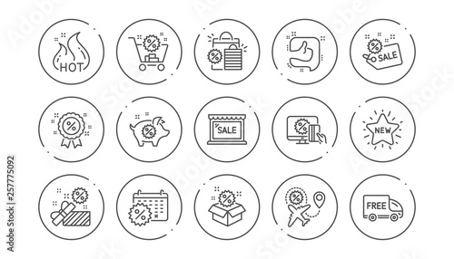 Discount line icons. Shopping, Sale and New. Hot offer linear icon set. Line buttons with icon. Editable stroke. Vector