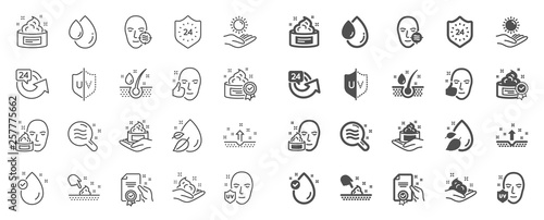 Skin care cosmetic line icons. Cream, Serum drop and Face gel or lotion icons. Uv protection. Oil, Vitamin E and Collagen symbols. 24 hour face care cream protection. Medical skin cosmetic. Vector