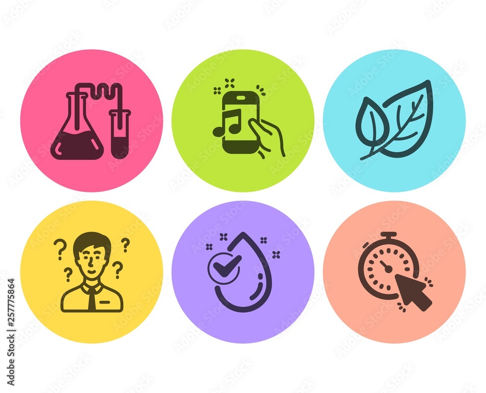Chemistry lab, Leaf and Music phone icons simple set. Water drop, Support consultant and Timer signs. Medical laboratory, Ecology. Flat chemistry lab icon. Circle button. Vector