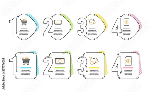 Heart, Cash money and Shopping cart icons simple set. File management sign. Love rating, Banking currency, Gifts. Doc with cogwheel. Business set. Infographic timeline. Line heart icon. Vector