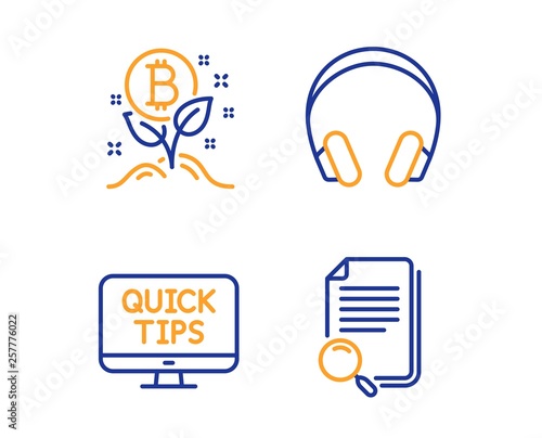 Headphones, Bitcoin project and Web tutorials icons simple set. Search file sign. Music listening device, Cryptocurrency startup, Quick tips. Find document. Technology set. Linear headphones icon