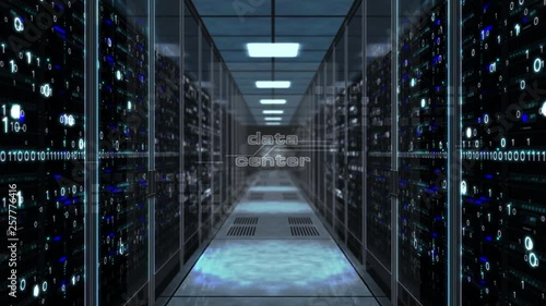 Data storage and digital computing concept with cloud symbol on glass door in server room. Flight through the corridor with large computer racks. Endless and loopable 3D abstract animation.