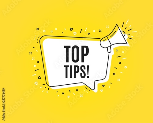 Top tips symbol. Megaphone banner. Education faq sign. Best help assistance. Loudspeaker with speech bubble. Top tips sign. Marketing and advertising tag. Vector