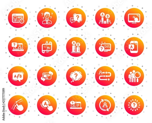 UX icons. Set of AB testing, Journey path map and Question mark icons. Usability quiz test, Ux Ui and User flow. Project process, ab testing graph, survey test results. Quiz question. Vector