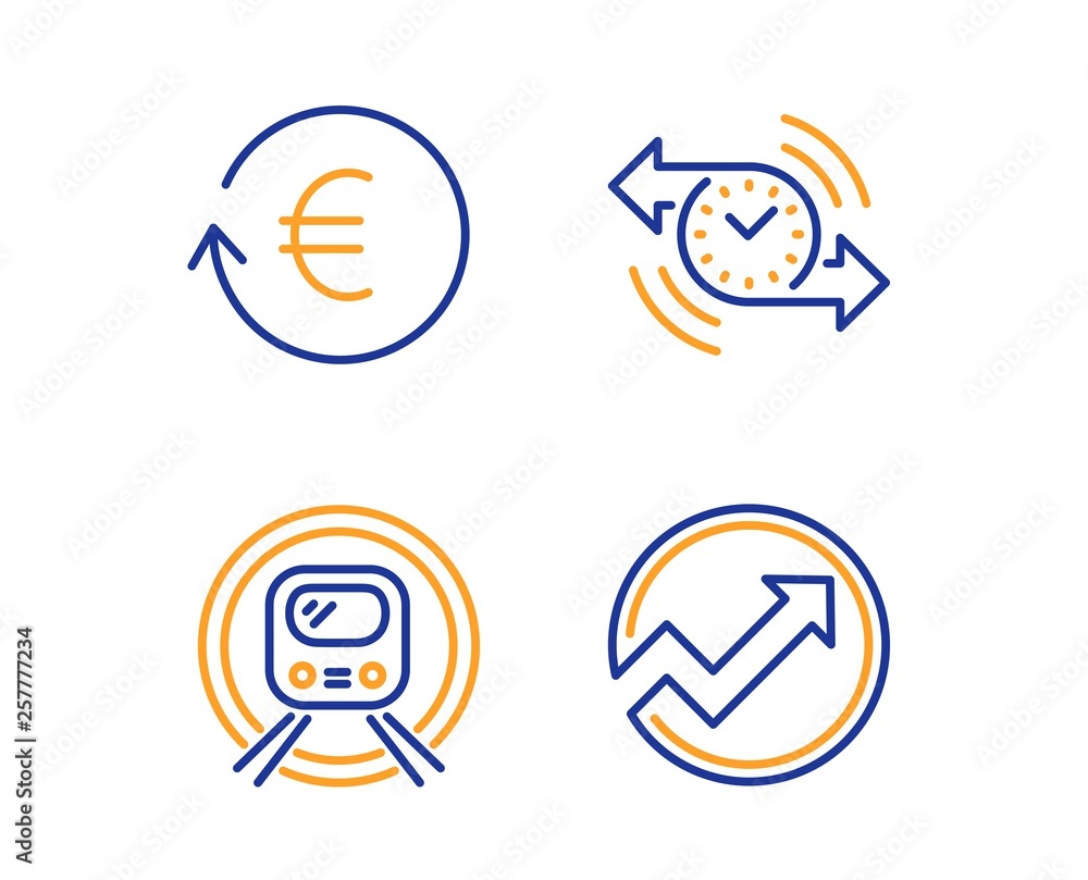 Timer, Exchange currency and Metro subway icons simple set. Audit sign. Stopwatch, Reshresh exchange rate, Underground. Arrow graph. Business set. Linear timer icon. Colorful design set. Vector Timer, Exchange currency and Metro subway icons simple set. Audit sign. Stopwatch, Reshresh exchange rate, Underground. Arrow graph. Business set. Linear timer icon. Colorful design set. Vector
