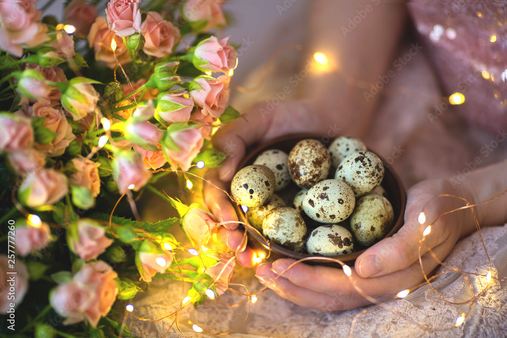 Quail eggs in a wooden plate in the hands of a girl on a pink background with golden lights and flowers - roses. Easter concept. Quail eggs in a wooden plate in the hands of a girl on a pink background with golden lights and flowers - roses. Easter concept.