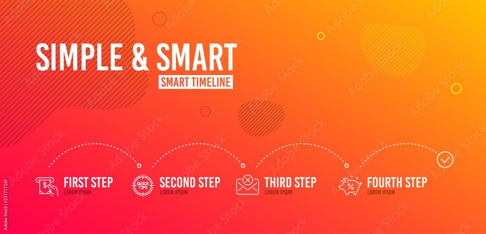 Infographic timeline. Atm service, Tips and Reject mail icons simple set. Loan percent sign. Cash investment, Quick tricks, Delete letter. Piggy bank. Technology set. 4 steps layout. Vector Infographic timeline. Atm service, Tips and Reject mail icons simple set. Loan percent sign. Cash investment, Quick tricks, Delete letter. Piggy bank. Technology set. 4 steps layout. Vector