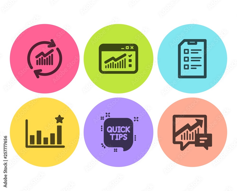 Quick tips, Web traffic and Efficacy icons simple set. Update data, Checklist and Accounting signs. Helpful tricks, Website window. Science set. Flat quick tips icon. Circle button. Vector Quick tips, Web traffic and Efficacy icons simple set. Update data, Checklist and Accounting signs. Helpful tricks, Website window. Science set. Flat quick tips icon. Circle button. Vector
