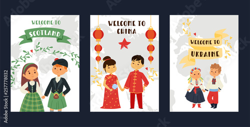 Children nationalities vector kids characters in traditional costume national dress of China Ukraine Scotland culture illustration backdrop of international multicultural friendship background