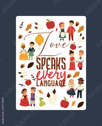 Children nationalities vector kids characters in traditional costume national dress of China Ukraine Spain culture illustration backdrop of international multicultural friendship background
