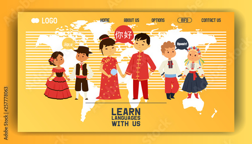 Children nationalities vector web page kids characters in traditional costume national dress of China Ukraine Spain culture illustration backdrop of multicultural different languages background