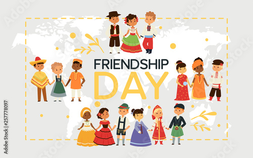 Children nationalities vector kids characters in traditional costume national dress of China Ukraine Spain culture illustration backdrop of international multicultural friendship background