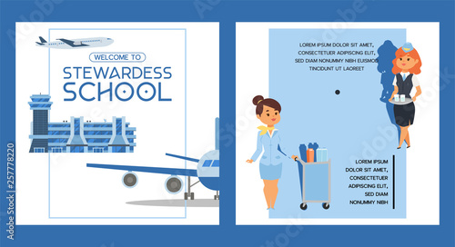 Stewardess school vector flight crew steward pilot people studying to fly on airplane airliner in airport illustration woman character stewardess backdrop banner design background