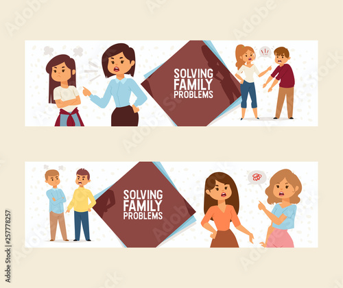 Quarrel vector people man woman in family conflict with children illustration backdrop unhappy couple relationship problem husband quarreling with wife in divorce background