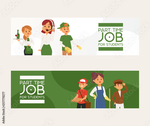 Obraz na plátně Part-time job vector young woman man character at part time work cleaner waitres
