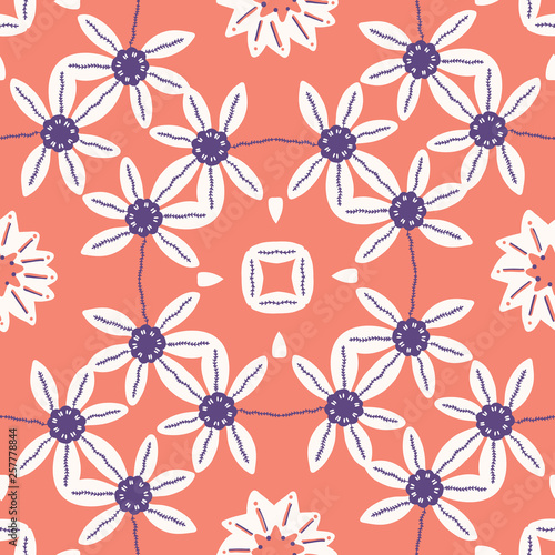 Hand drawn large scale floral vector seamless pattern. Coral background. Bold oversized white purple stylized daisy blooms. Painted pretty garden flower. Retro vintage fashion 1950s all over print.