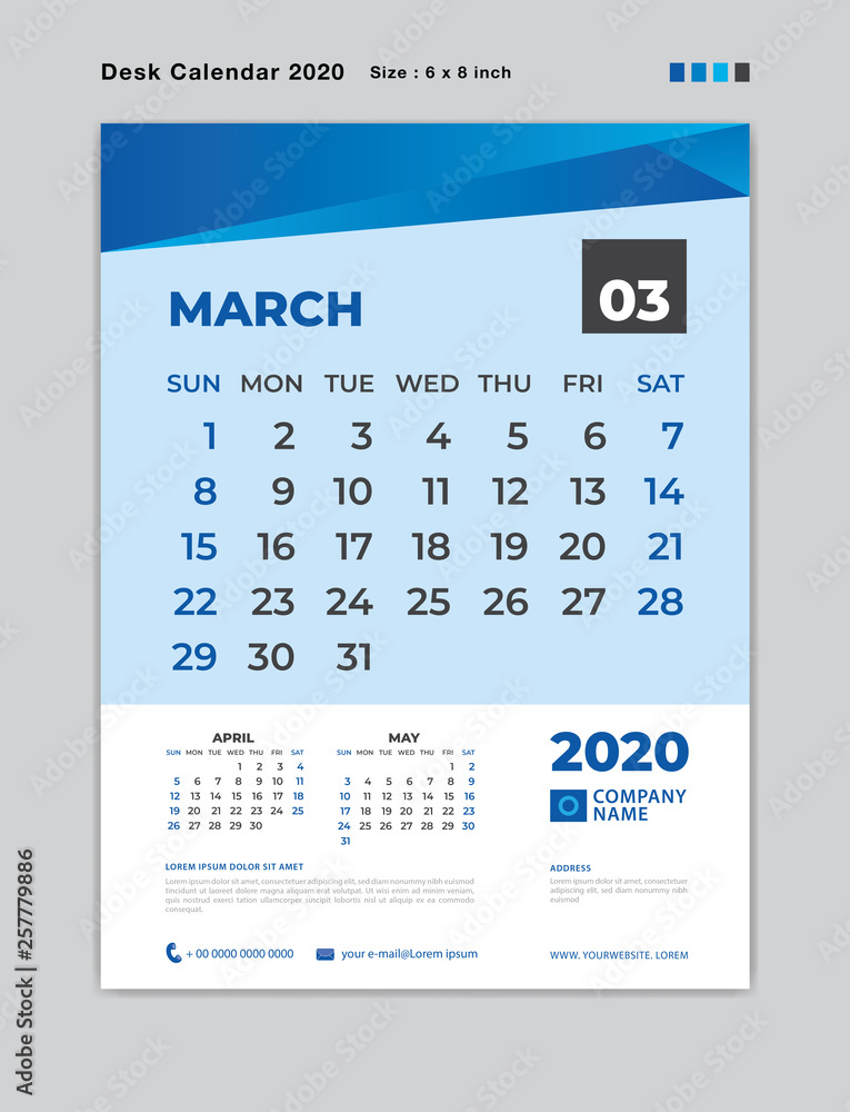 March 2020 Month template, Desk Calendar for 2020 year, week start on sunday, planner, stationery, Blue Concept, vertical layout vector, business printing design March 2020 Month template, Desk Calendar for 2020 year, week start on sunday, planner, stationery, Blue Concept, vertical layout vector, business printing design
