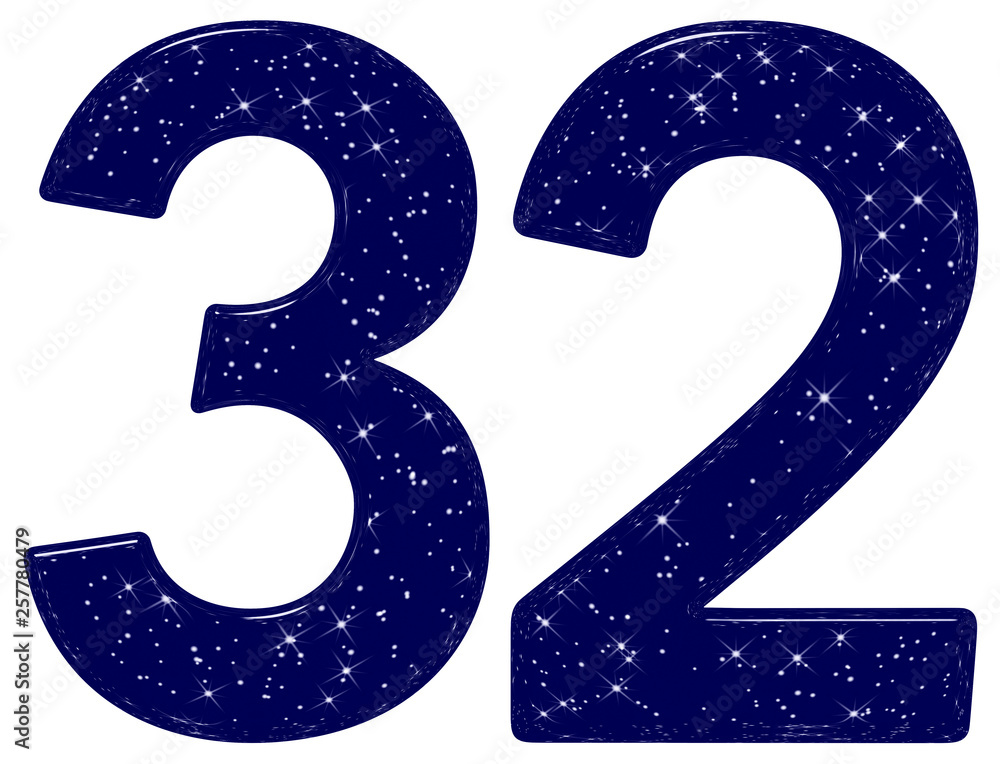 Numeral 32, thirty two, star sky texture imitation, isolated on white background, 3d render Numeral 32, thirty two, star sky texture imitation, isolated on white background, 3d render