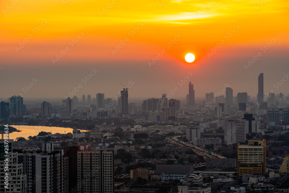 High Rise Buildings at Downtown in Bangkok Thailand in the evening.