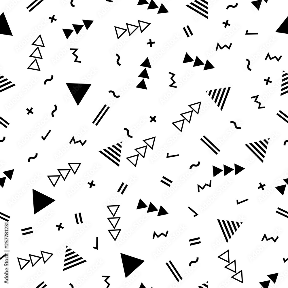 Geometric seamless pattern with triangles and lines in retro memphis 80s - 90s style. Geometric seamless pattern with triangles and lines in retro memphis 80s - 90s style.