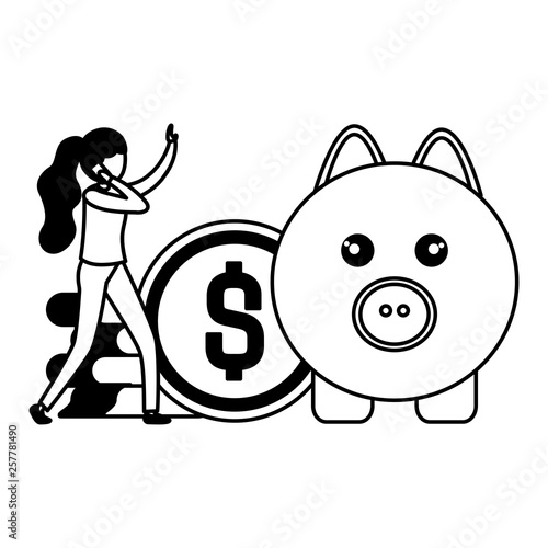 woman with pig and coins isolated icon